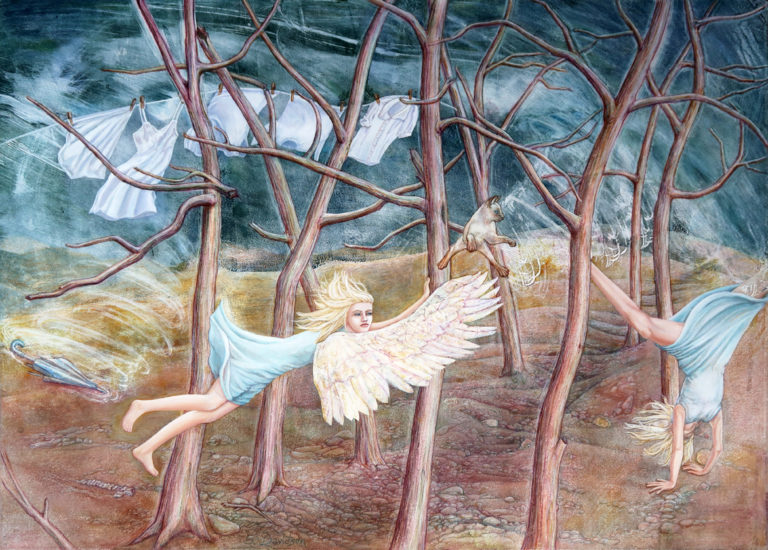 HM Sharmon Davidson - Troubled Skies - monotype with mixed media