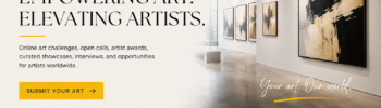 Ten Moir Gallery homepage banner featuring an elegant gallery interior with abstract artwork, promoting online art challenges, artist awards, open calls, curated showcases, and artist features.
