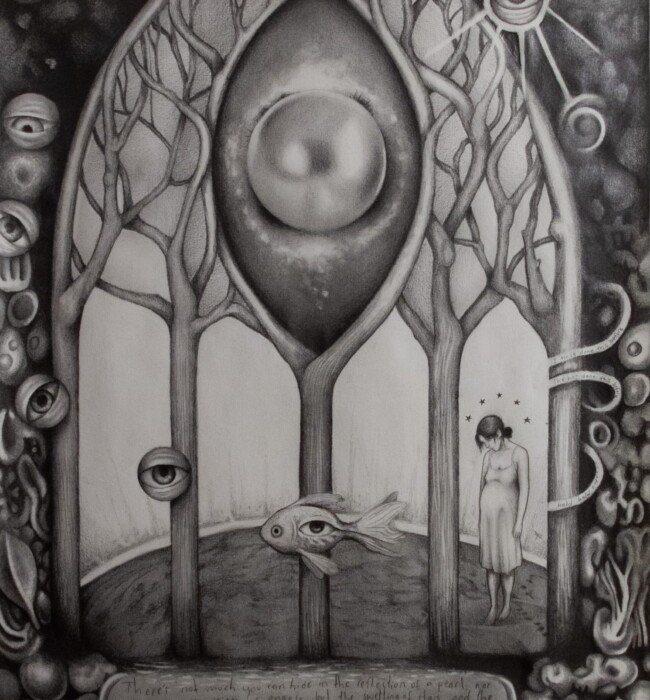 I work with walnut ink and graphite to uncover images stored within my nervous system. It’s an obsessive process of active imagination that allows me to rework the same imagery until I understand its significance. The images come from dreams, vivid meditations, and intuition. My appreciation for the formal qualities of drawing (value, contrast, and composition) pushes me to hyper-define each emerging shape through mark-making. I am left with a presence of disquiet, or dream-like severity. Informing this work is my research in art therapy and the imaginal realm. It pushes me to understand an individual's internal cast of characters as they are strengthened by the external world. What are we but a multi-voiced novel? It's like tuning into subconscious radio-frequency—hundreds of stations, hundreds of conversations, and hundreds of songs. Deciphering these subtleties takes reiteration, and relies on the limitations and intentions I give myself. I love the wisdom I gain through this process. As I evolve, old patterns decompose in my work, and new patterns blossom through the noise. I can keep moving.