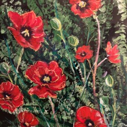 Susan Perpich - Field of Red Poppies mixed media. acrylics, gold leaf, spray paint
