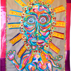 Sun Models - Acrylic Paint, Holographic Sticker Paper, Glitter, Googley Eyes, Recycled Paper - https://www.tessakammer.com Tessa Kammer