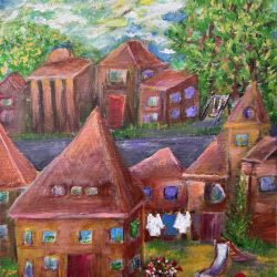 "Cozy Courtyard", Acrylic on Round Canvas, 35.5 x 28 cm - No Website Tatjana Tarasenko - "Cozy Courtyard", Acrylic on Round Canvas, 35.5 x 28 cm- No Website