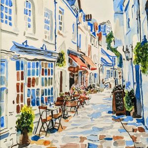 Gayle Miller - Blue Windows of Covenant Garden Watercolor