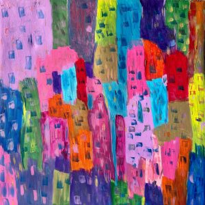 Susan Tesluk as Love22 Designs - “Big City Lights” 34.5”X34.5”X1.5” acrylic on canvas.