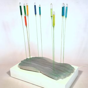 Precious Ponds, cast glass-test tubes-steel-water-sensors-motor-speaker, h 60 cm, w 45 cm, d 35 cm - No Website Tibor Bodi - Precious Ponds, cast glass-test tubes-steel-water-sensors-motor-speaker, h 60 cm, w 45 cm, d 35 cm