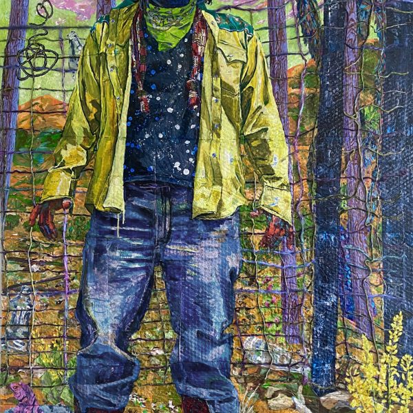 Heidi Brueckner_Big Beatty Board Boss Brent_Oil and Yarn on Recycled Amazon Bubble Mailers_78.5_ x 48_2021