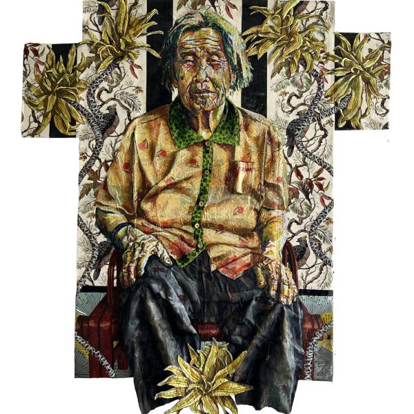 Heidi Brueckner_Dracena_Oil, Fabric, Paper, and Buttons on Recycled Amazon Bubble Mailers_59” x 52”_2023