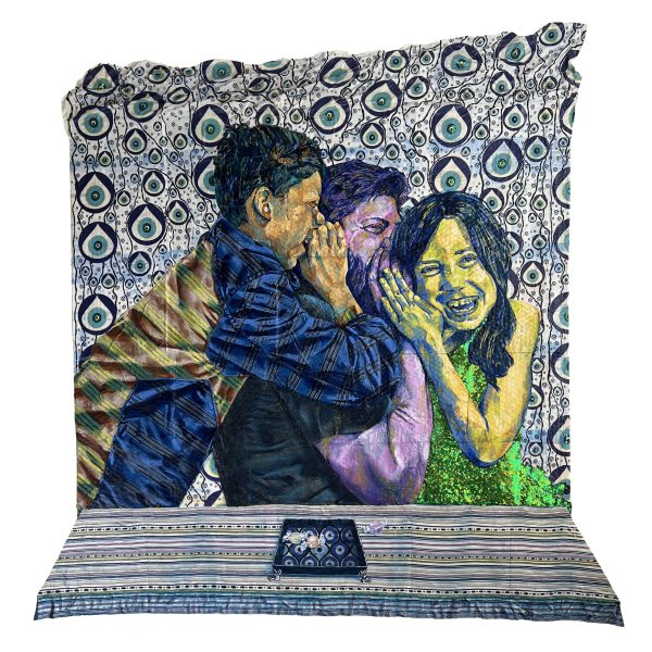 Heidi Brueckner_It's Raining Love_Oil, Fabric, Beads, and Sequins on Recycled Amazon Bubble Mailers_56” x 57.5”_2023