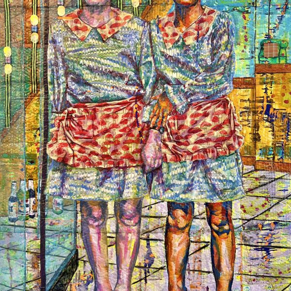 Heidi Brueckner_Waiting to Wait_Oil and Paper, Dichroic Film, Tile, Thread, Tulle, Ribbon, Sequins on Recylced Amazon Bubble Mailers_72_ x 45 1_4_2022